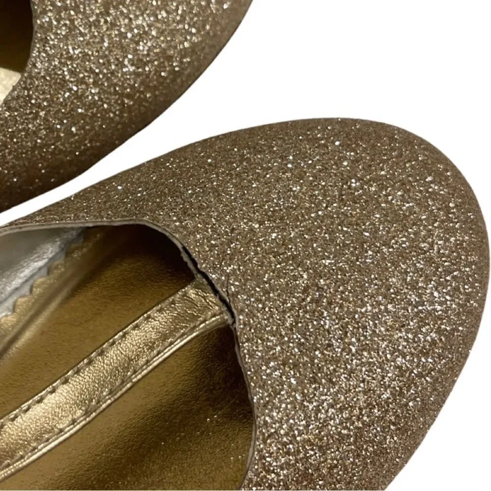 LANDS' END Girls'  Sparkly Gold Mary Jane T Strap Dress Shoes Size 6